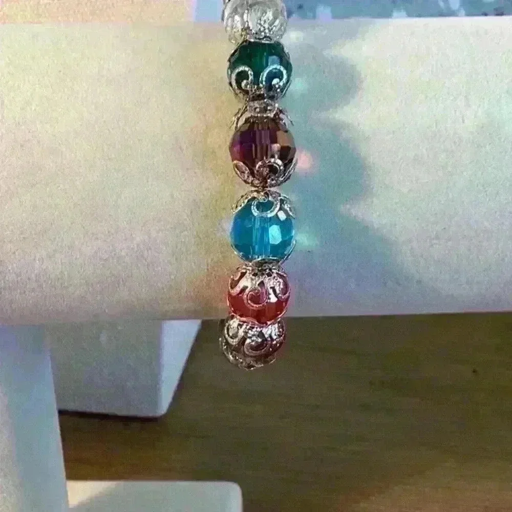 Vintage Faceted Beaded Bracelet Rainbow Glass Silver Tone